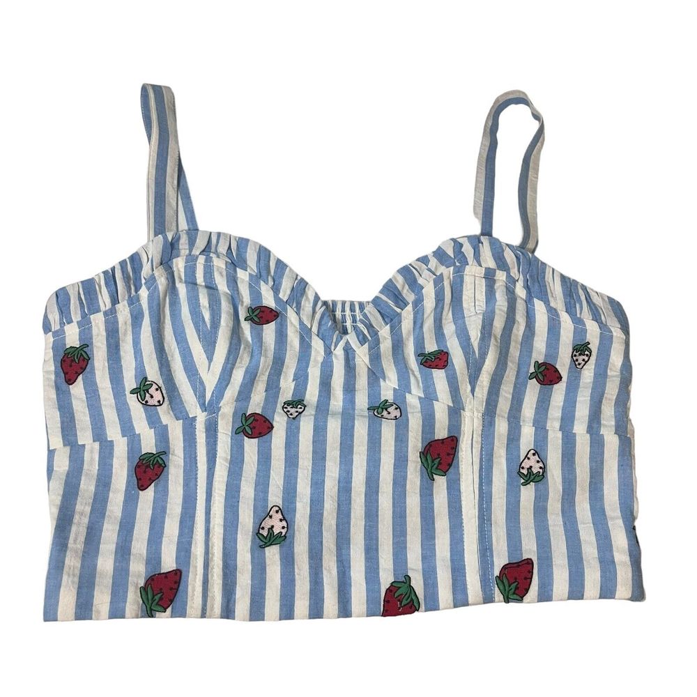 ANTHROPOLOGIE Maeve Striped Strawberry Embroidered Cami Blue White Tube Top 12